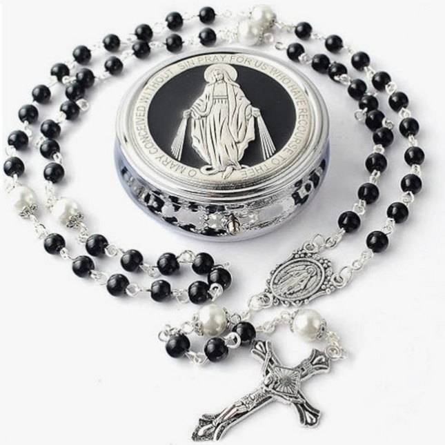 Black & White Glass Pearl Rosary Beads