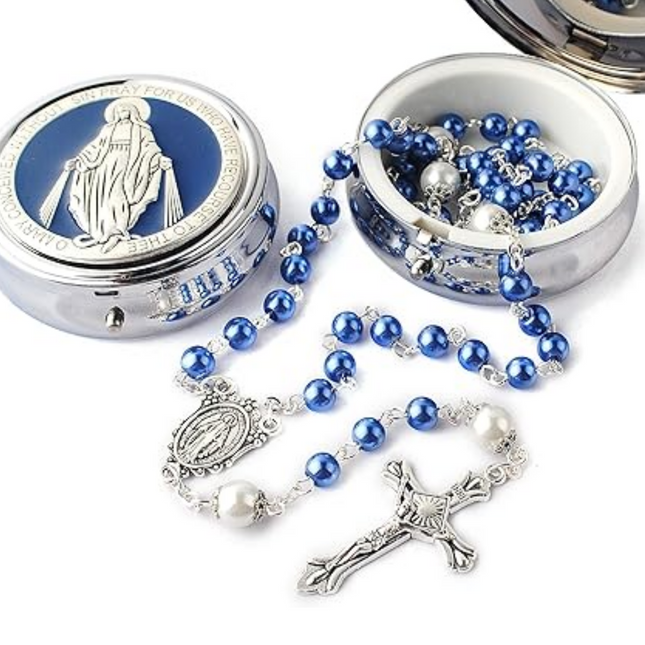Blue Glass Pearl Rosary Beads