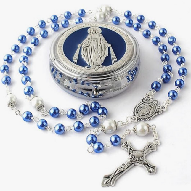 Blue Glass Pearl Rosary Beads
