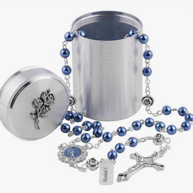 Blue Rose Glass Pearl Rosary Beads