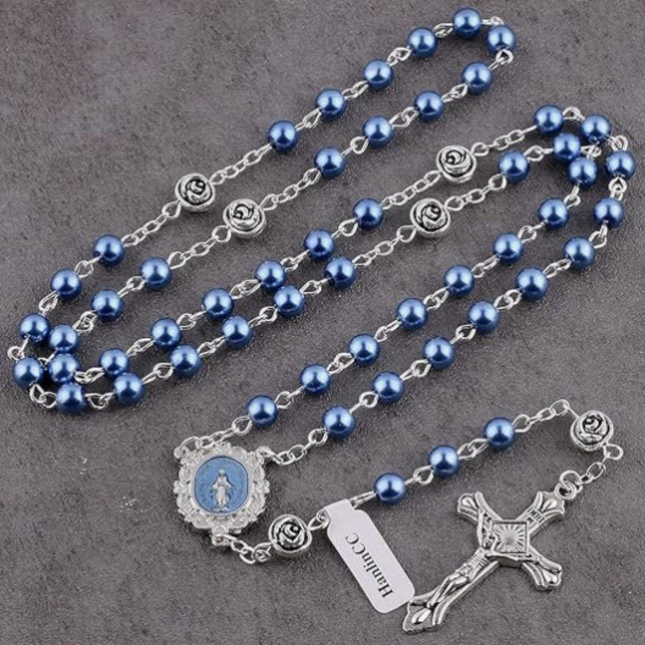 Blue Rose Glass Pearl Rosary Beads