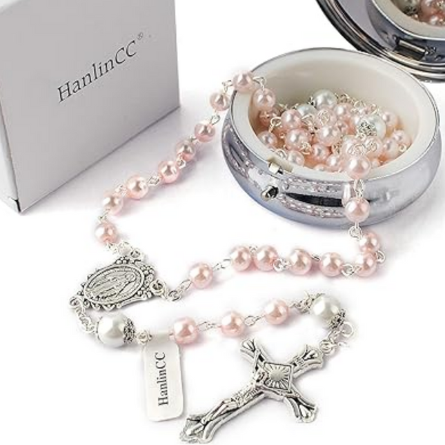 Pink Glass Pearl Rosary Beads