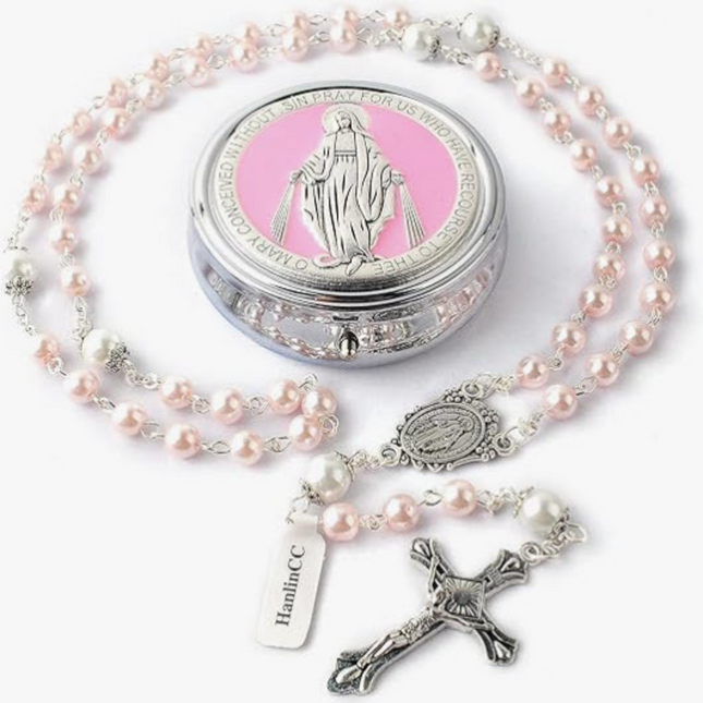 Pink Glass Pearl Rosary Beads
