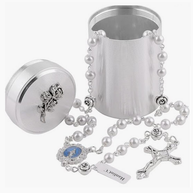 White Rose Glass Pearl Rosary Beads
