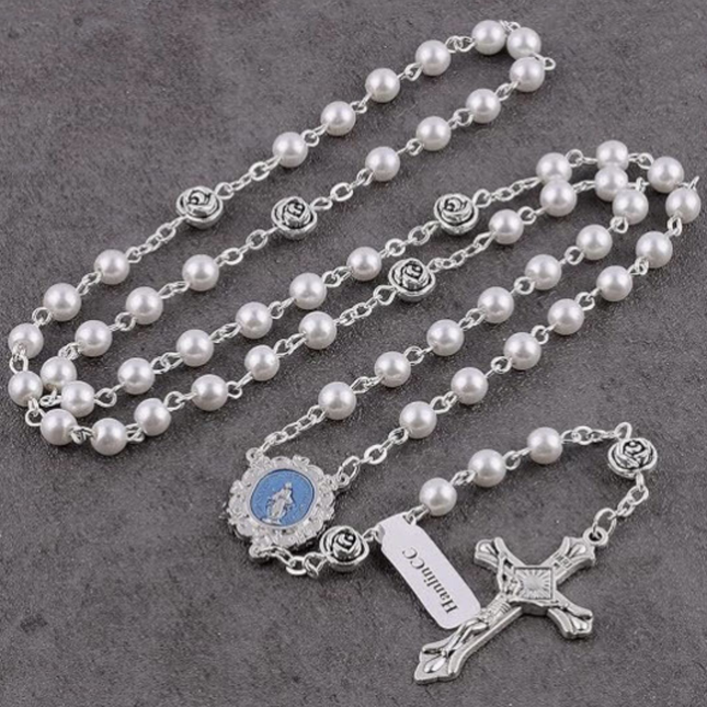 White Rose Glass Pearl Rosary Beads