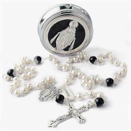 White & Black Faux Pearl Rosary Beads