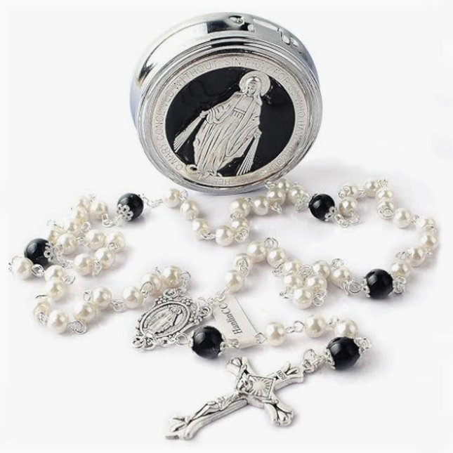White & Black Glass Pearl Rosary Beads