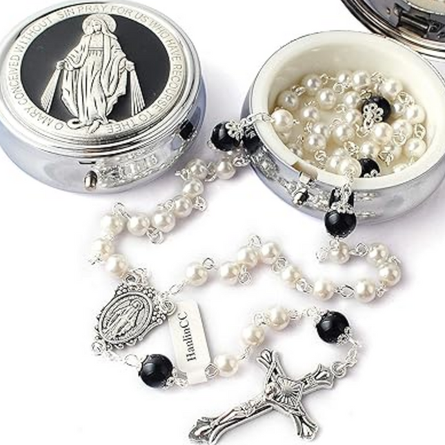 White & Black Glass Pearl Rosary Beads