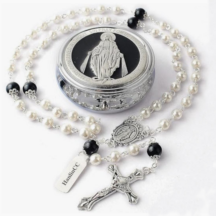 White & Black Faux Pearl Rosary Beads