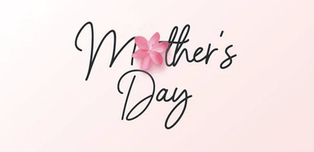 Mother's Day text with a pink flower on a light pink background