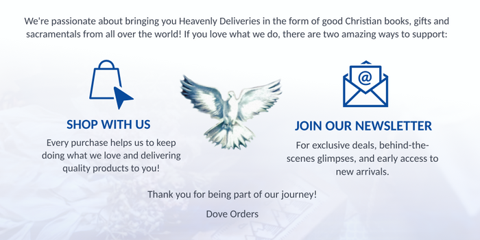 Promotional graphic for Dove Orders with shopping bag, dove, and envelope icons on a light blue background.